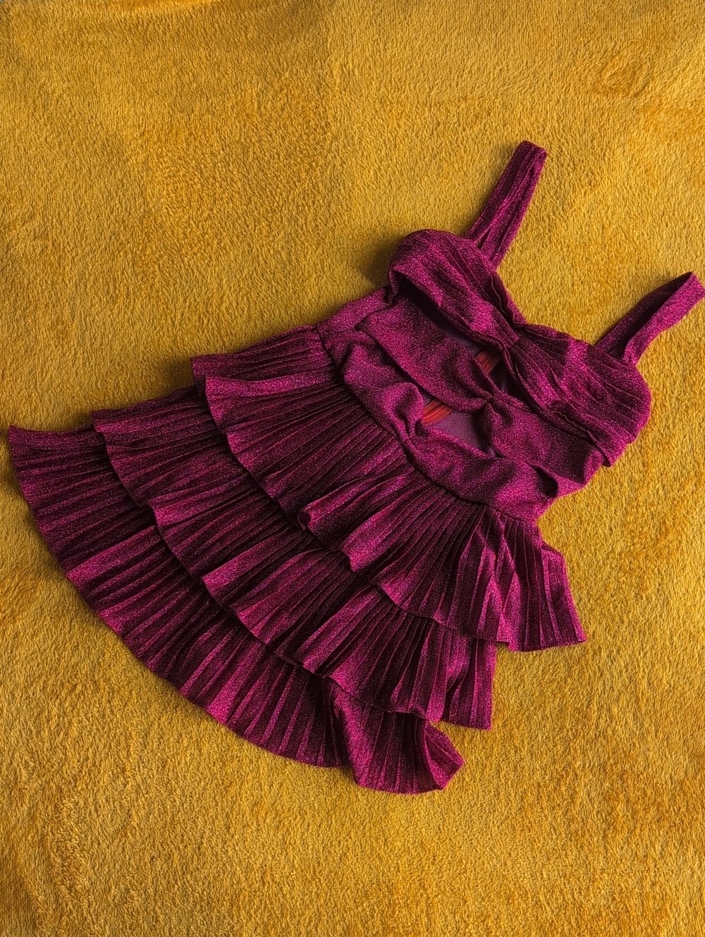 Ruffled Metallic Magenta Tiered Mini Dress